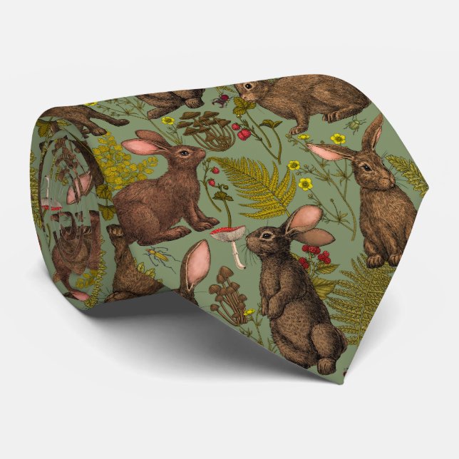 Kaninchen und Waldflora Neck Tie Krawatte (Gerollt)