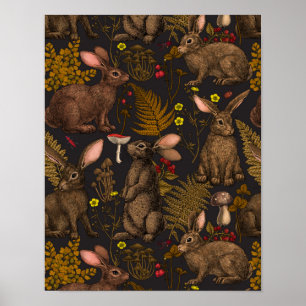 Kaninchen und Waldflora Poster