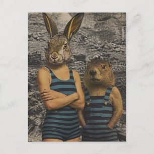 Kaninchen und Waldmurmeltier in Vintage-Badeanzüge Postkarte