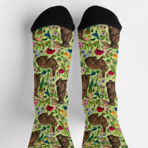 Kaninchen und Wildblumen auf Honigmelonen-Grün Socken