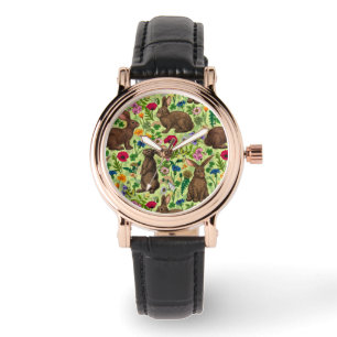 Kaninchen und Wildblumen auf Honigtau Armbanduhr