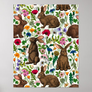 Kaninchen und Wildblumen Poster