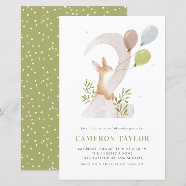 Kaninchen Wasserfarbe Zweite Einladung zum Geburts (Vorne/Hinten)