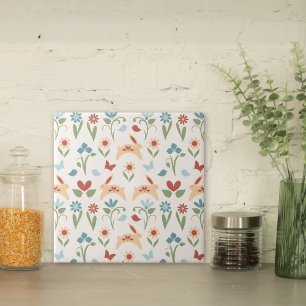 Kaninchen Wildblumen Folkloremuster Fliese