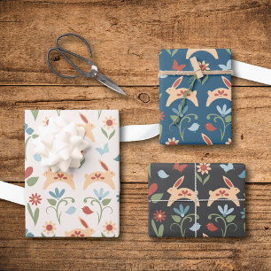 Kaninchen Wildblumen Skandinavisches Volk Geschenkpapier Set