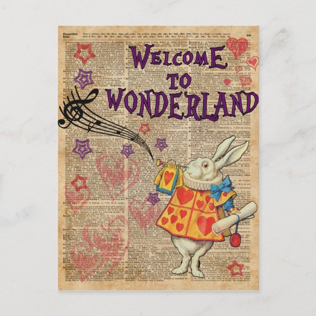 Kaninchen Willkommen in .. Alice im Wunderland Postkarte (Vorderseite)