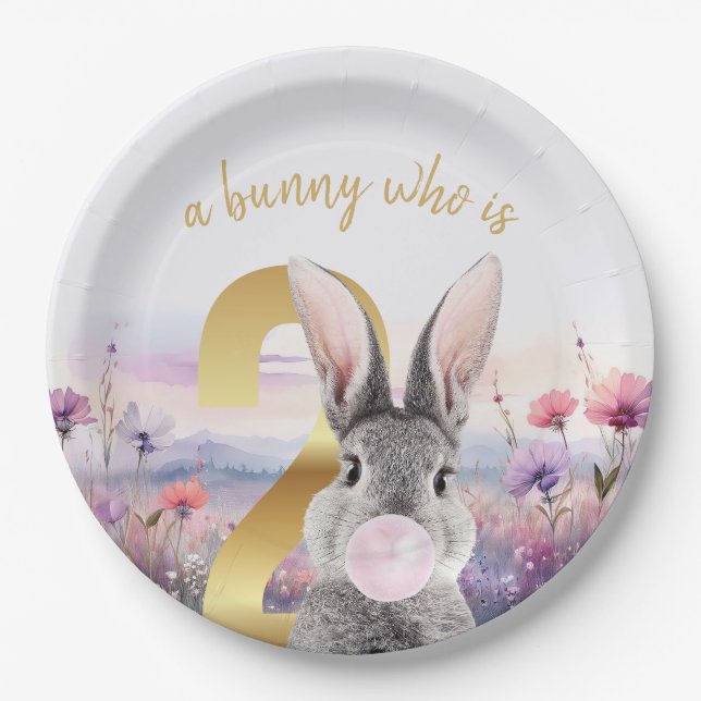 Kaninchen Zweites Geburtstag blühend rosa Kaugummi Pappteller (Vorderseite)