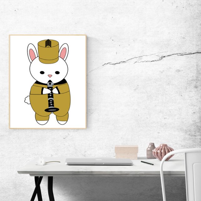Kaninchenklarinett Gelbe Schwarze Poster (A poster of a rabbit playing the clarinet while wearing a gold yellow & black marching band uniform.)