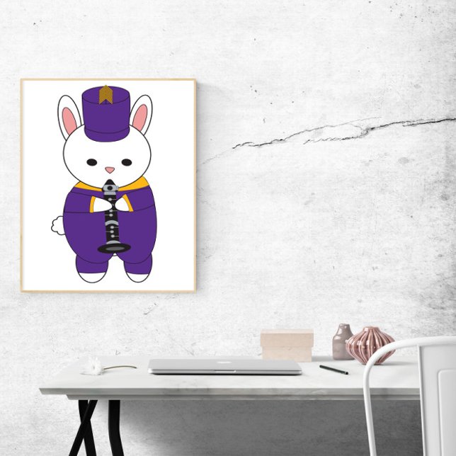 Kaninchenmarching-Band-Klarinette Lila gelb Poster (A poster featuring a rabbit playing the clarinet in a purple & yellow marching band uniform.)