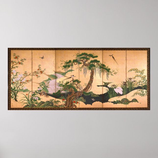Kano Eino Vögel und Blume von Frühjahr und Sommer Poster (Vorne)