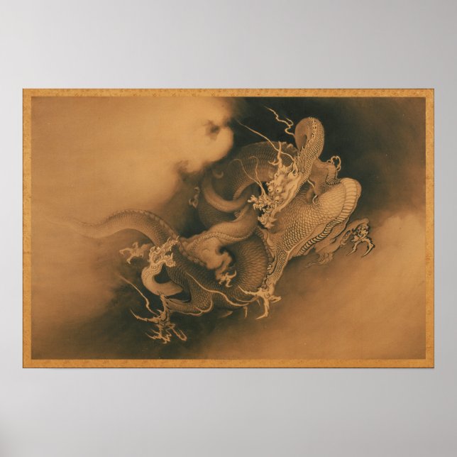 Kanō Hōgai Zwei Dragons in Wolken Poster (Vorne)