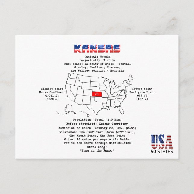 Kansas American Staat auf einer Karte und nützlich (Vorderseite)
