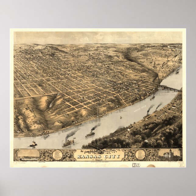 Kansas City Missouri 1869 Antike Panoramakarte Poster (Vorne)