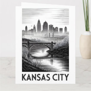 Kansas City Missouri Skyline Schwarz Weiß Holzschn Karte