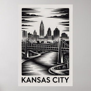 Kansas City Missouri Skyline Schwarz Weiß Holzschn Poster