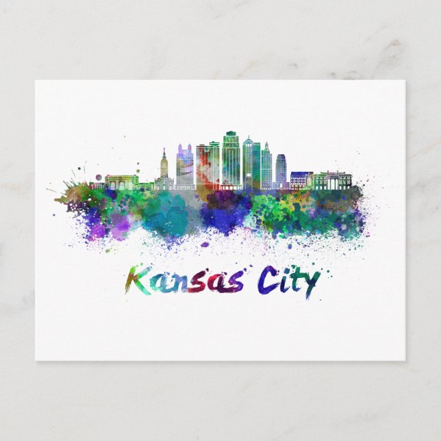 Kansas City V2 Skyline in Aquarellfarben Postkarte (Vorderseite)