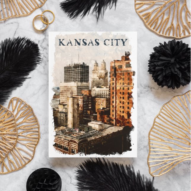 Kansas City Vintage Reisen Wasserfarbe Postkarte (kansas City Missouri  Cityscape Postcard)