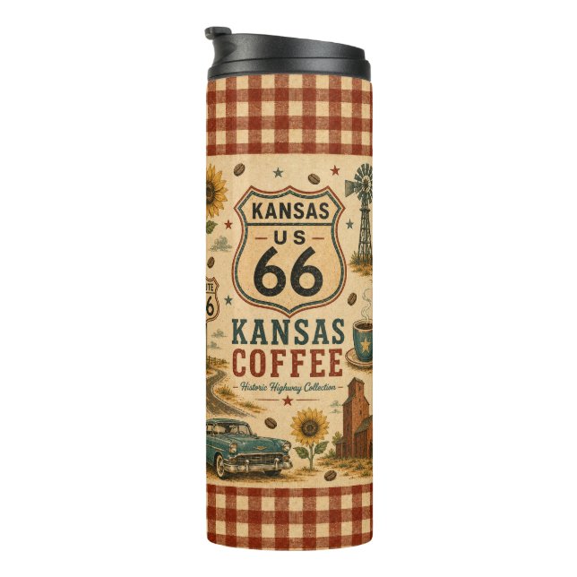 Kansas Coffee Run Route 66 Stil Thermosbecher (Nach rechts gedreht)