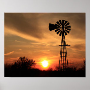 Kansas Golden Sunset mit einer Silhouette von Wind Poster