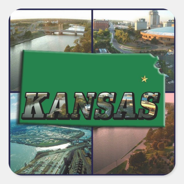 Kansas Map und Fotos Quadratischer Aufkleber (Vorderseite)