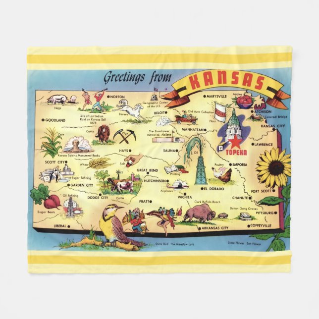 Kansas Postcard Map Throw Fleecedecke (Vorderseite (Horizontal))