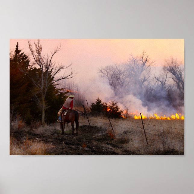 Kansas Rancher Watching a Controlled Prairie Burn Poster (Vorne)