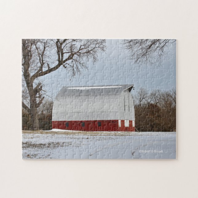 Kansas Red Barn mit Schnee Puzzle (Horizontal)