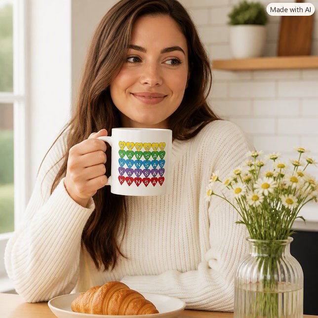 Kansas Regenbogen-Herzen State Pride Kaffeetasse (A mug with a rainbow heart pattern that spells out Kansas.)