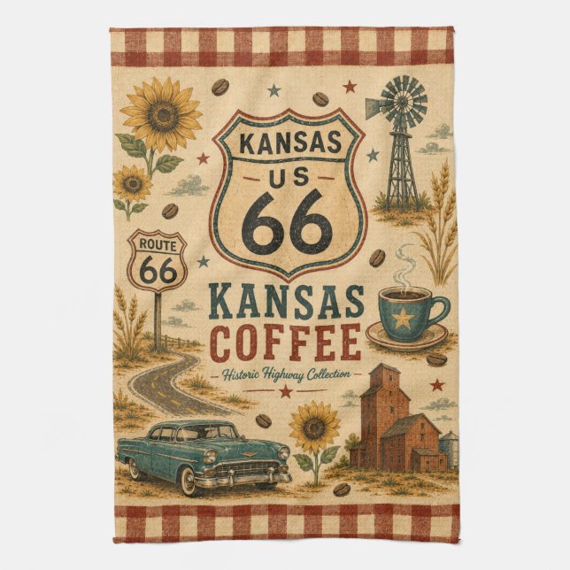 Kansas Route 66 Coffee Kitchen Americana Kunst Geschirrtuch (Vertikal)