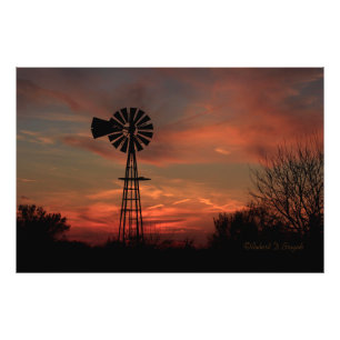 Kansas-Sonnenuntergang mit einer Windmühle Fotove Fotodruck