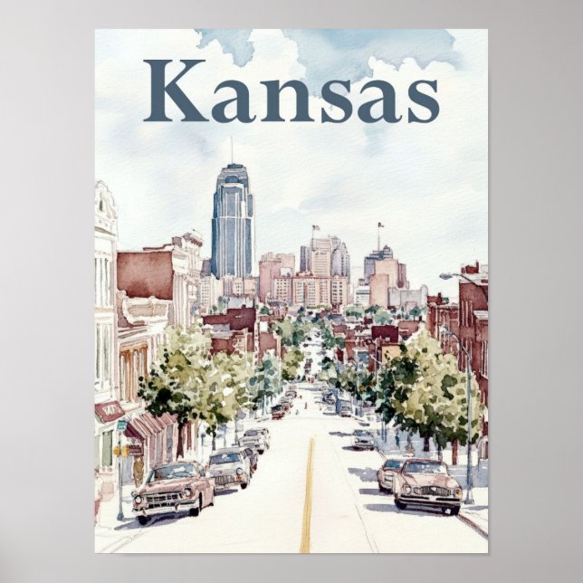 Kansas Stadt Wasserfarbenmalerei Reisen Poster (Vorne)