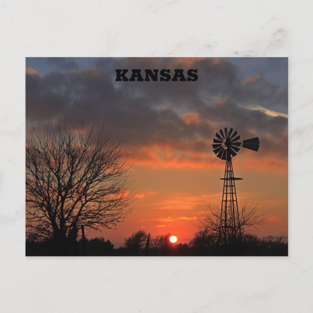 Kansas Sunset mit Baum und Windmühle Postkarte (Vorderseite)