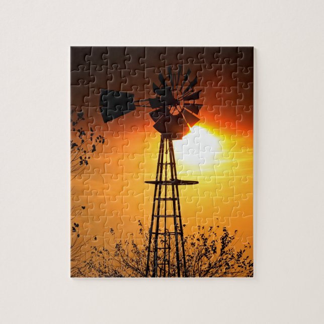 Kansas Sunset mit Farm Windmill Silhouette Jigsaw Puzzle (Vertikal)