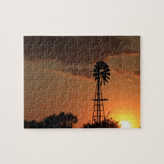Kansas Sunset mit Farm Windmill Silhouette Jigsaw Puzzle (Horizontal)
