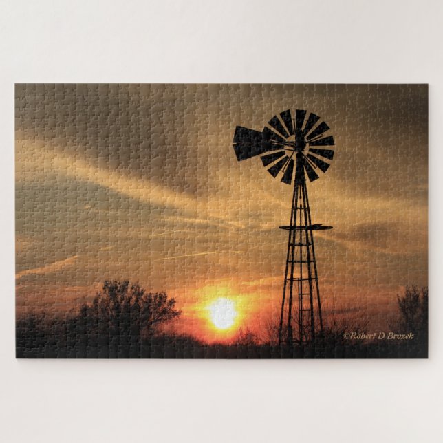 Kansas Sunset mit Windmill PUZZLE (Horizontal)