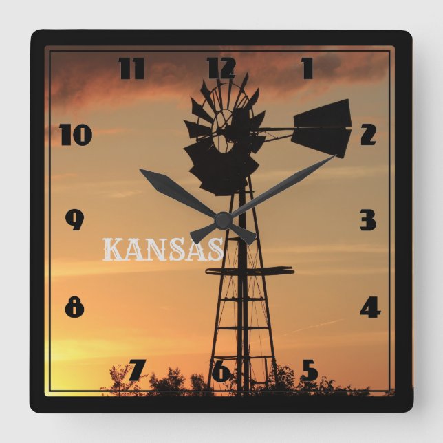 Kansas Sunset mit Windmill Silhouette Quadratische Wanduhr (Vorderseite)