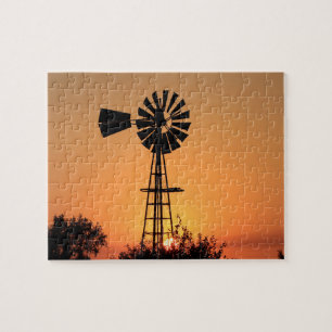 Kansas Sunset with farm Windmill silhouette Puzzle