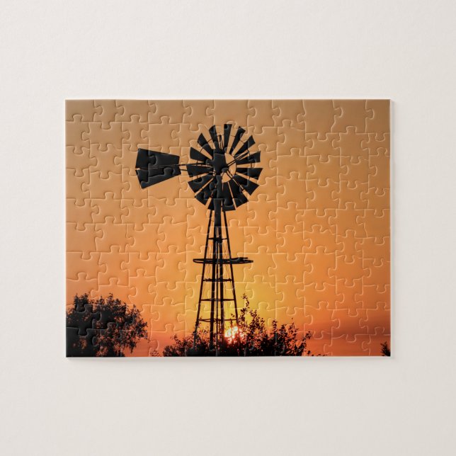 Kansas Sunset with farm Windmill silhouette Puzzle (Horizontal)