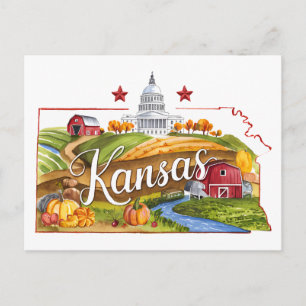Kansas USA State Vintage Wasserfarben  Postkarte