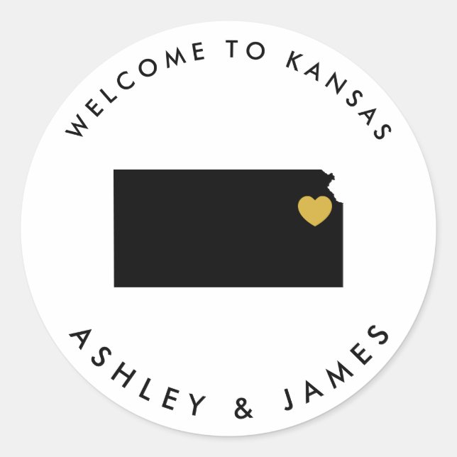 Kansas Wedding Welcome Sticker Tag, Black & Gold (Vorderseite)