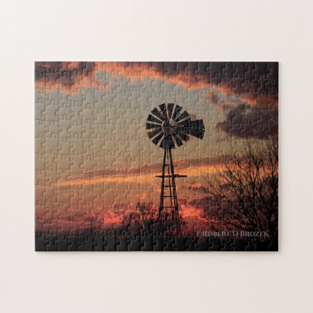 Kansas Windmill Silhouette mit Wolken Puzzle (Horizontal)