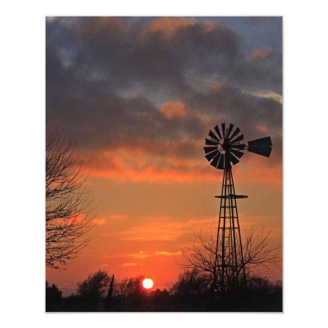 Kansas Windmill Silhouette Sonnenuntergang mit Wol Fotodruck (Vorne)