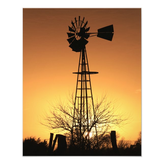 Kansas Windmill Silhouette Sonnenuntergang mit Wol Fotodruck (Vorne)