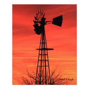 Kansas Windmill Silhouette Sonnenuntergang mit Wol Fotodruck