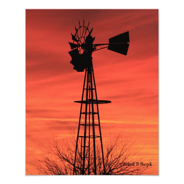 Kansas Windmill Silhouette Sonnenuntergang mit Wol Fotodruck (Vorne)