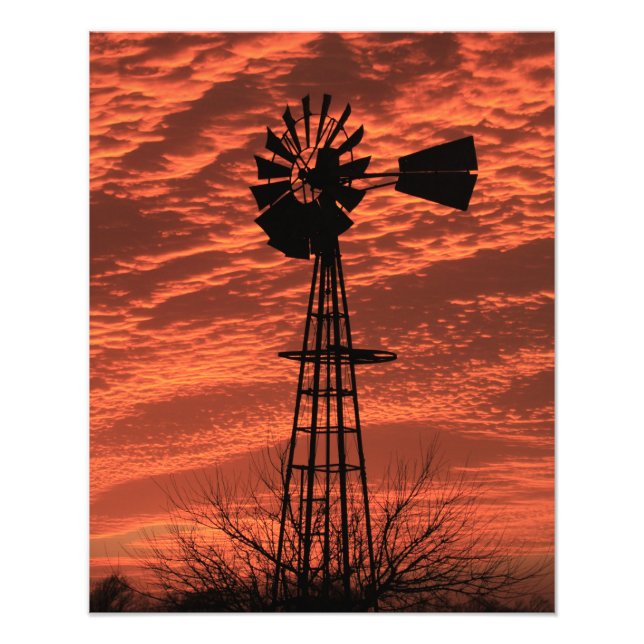 Kansas Windmill Silhouette Sonnenuntergang mit Wol Fotodruck (Vorne)
