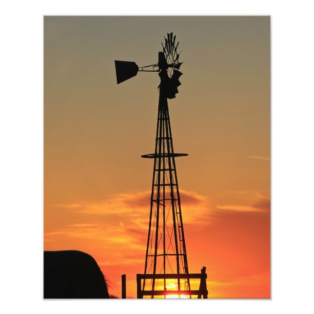 Kansas Windmill Silhouette Sonnenuntergang mit Wol Fotodruck (Vorne)