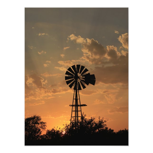 Kansas Windmill Silhouette Sunset Foto Print (Vorne)