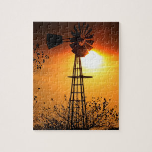 Kansas Windmill Silhouette Sunset Puzzle