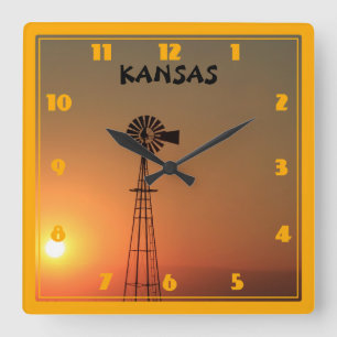 Kansas Windmill Silhouette Sunset Quadratische Wanduhr